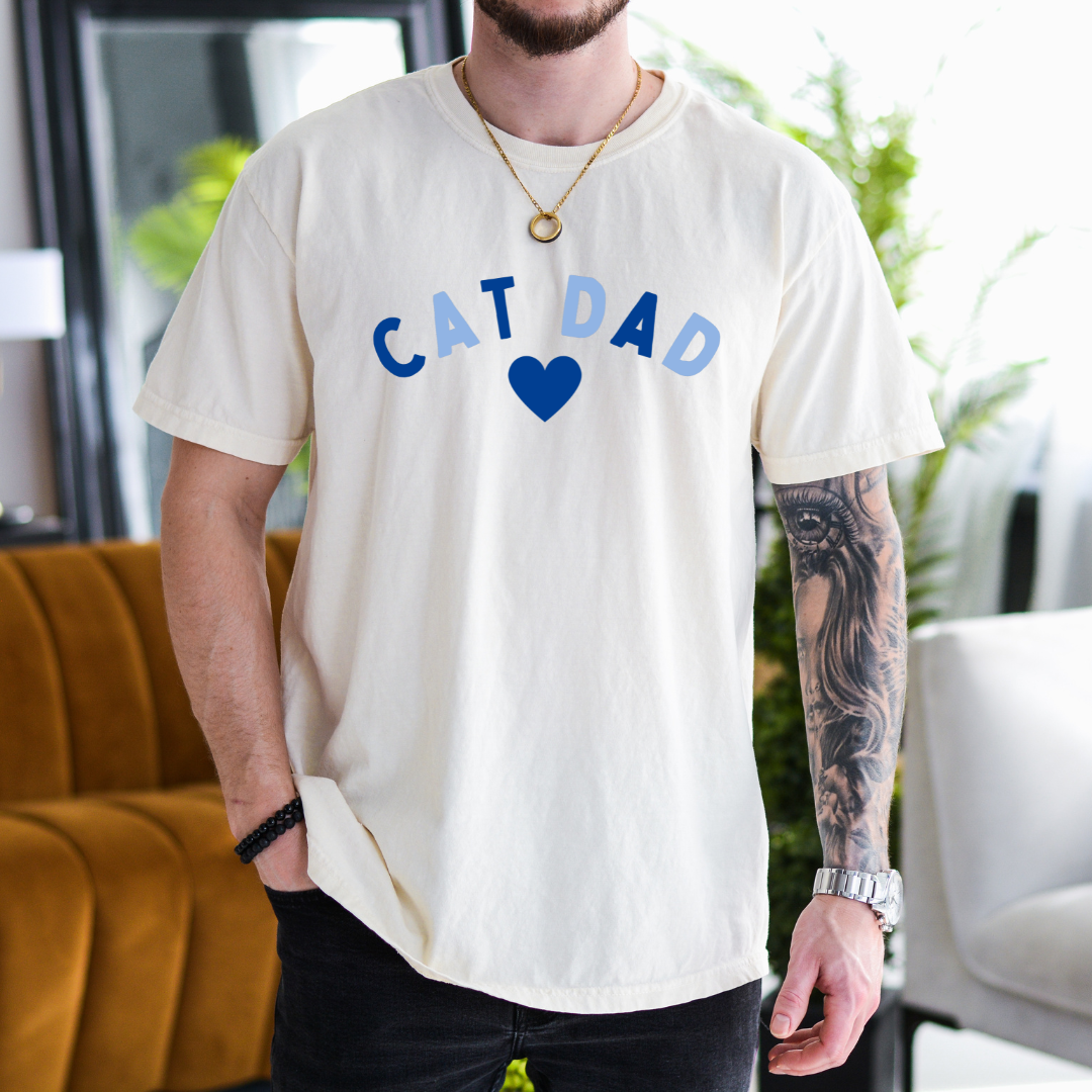 "Cat Dad Heart design centered on natural t-shirt."