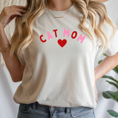 "Cat Mom Heart design centered on natural t-shirt." 