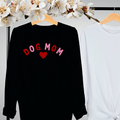 "Dog Mom Heart design centered on black long sleeve shirt."