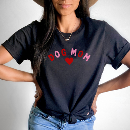 "Dog Mom Heart design centered on black t-shirt."