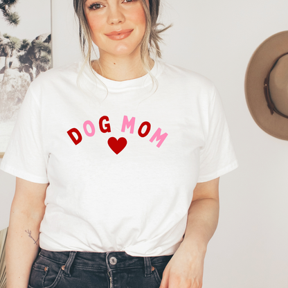 "Dog Mom Heart design centered on white t-shirt."