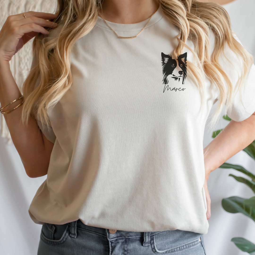 "comfortable cotton t-shirt with the dog you love design and a classic crewneck"