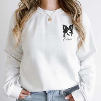 "A soft and comfortable white crewneck sweatshirt, featuring double needle stitching and V-notch inserted at neck."