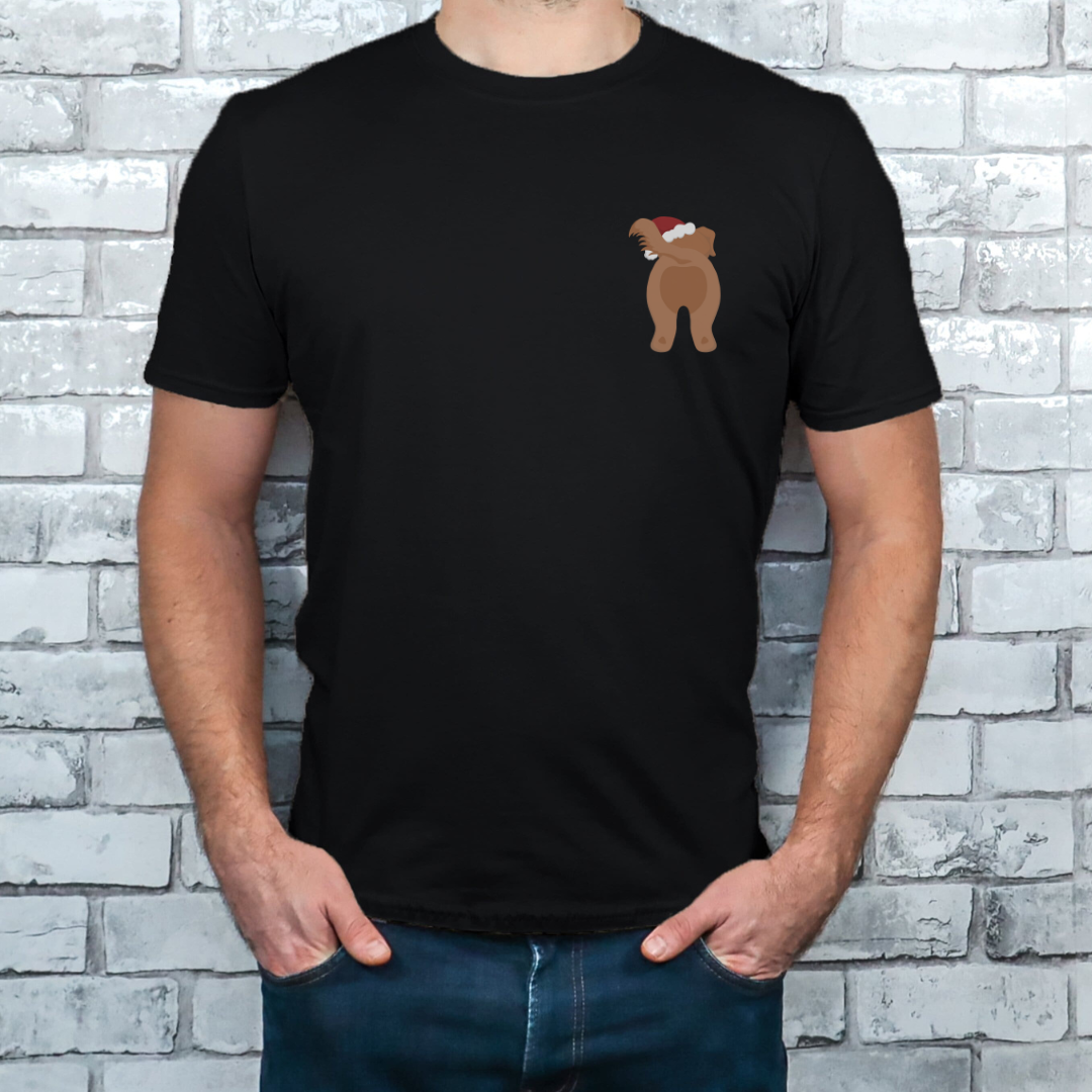 "Christmas dog graphic left pocket position on black t-shirt."