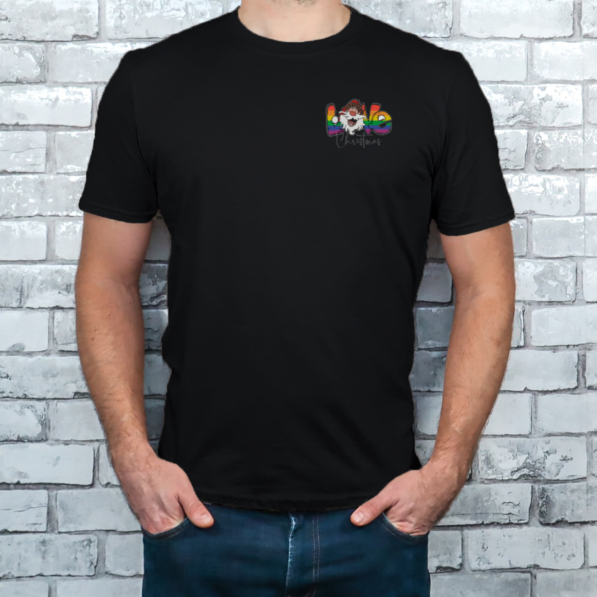 "Pride love Christmas text design centered on black t-shirt."