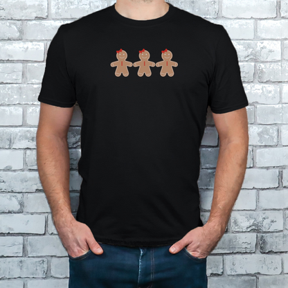 "Gingerbread cookies graphic design centered on black t-shirt."