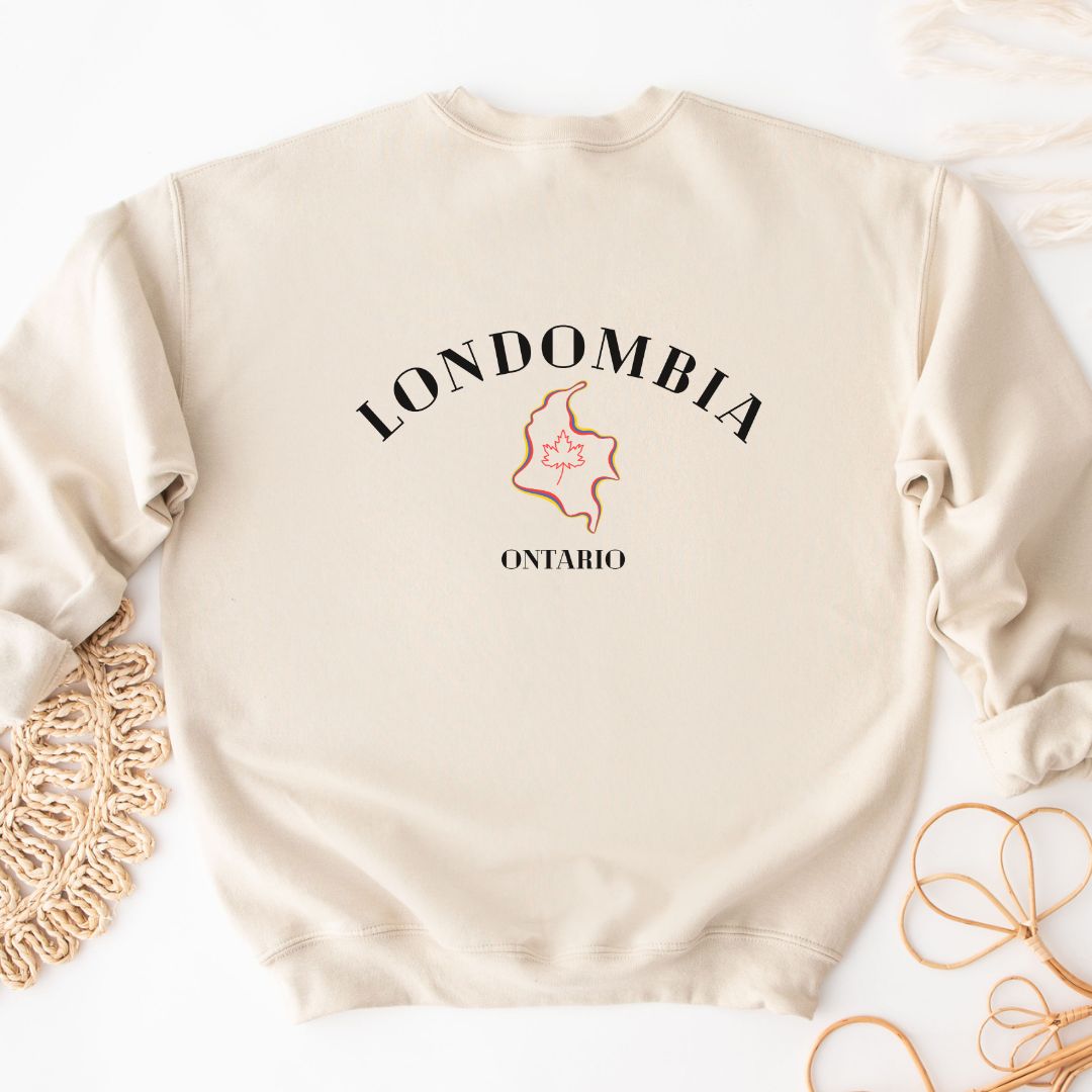 "Londombia graphic design centered on natural sweater."
