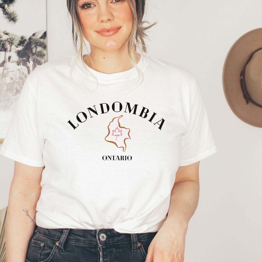 "Londombia graphic design centered on white t-shirt."