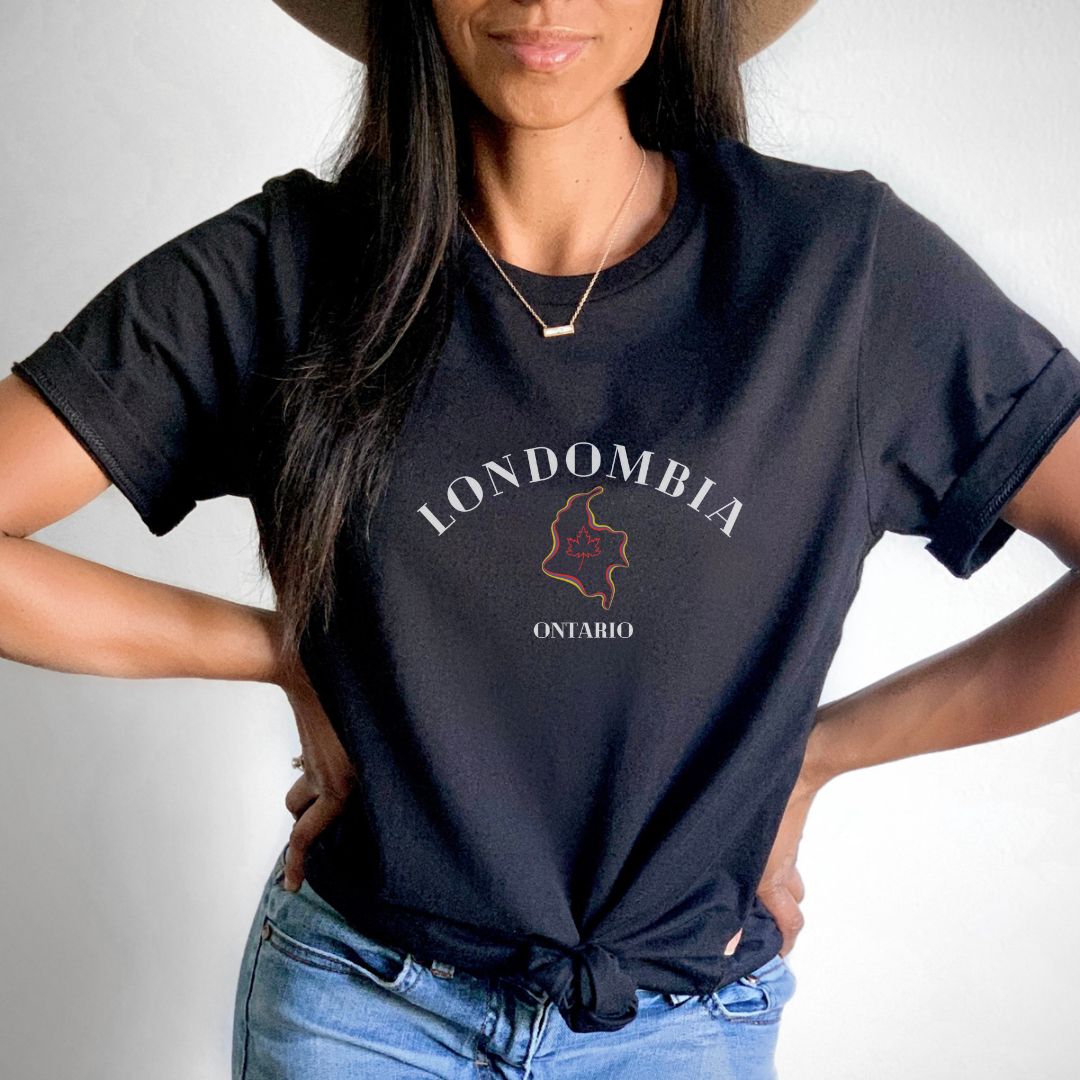 "Londombia graphic design centered on black t-shirt."