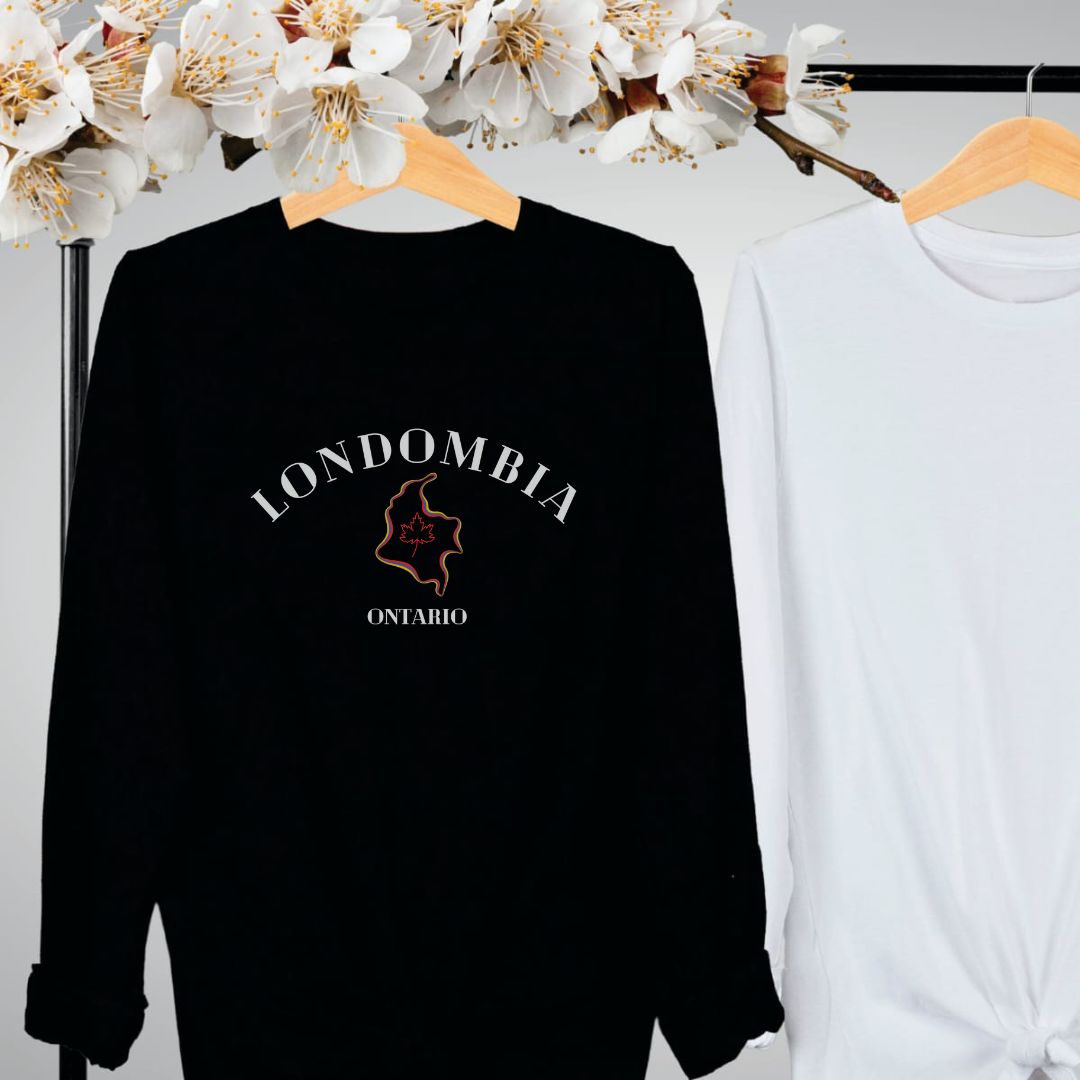 "Londombia graphic design centered on black long sleeve shirt."