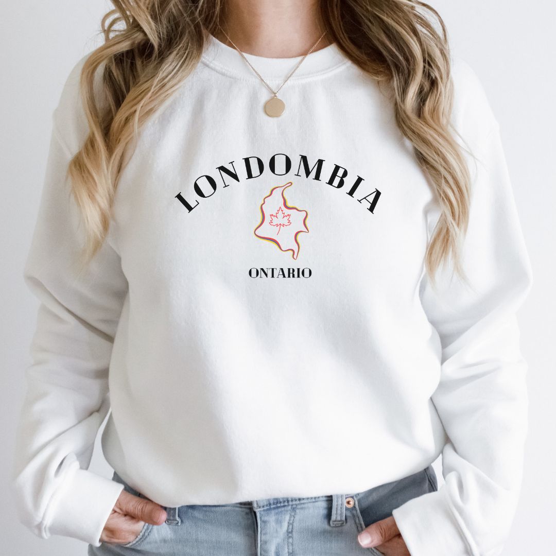 "Londombia graphic design centered on white sweater."