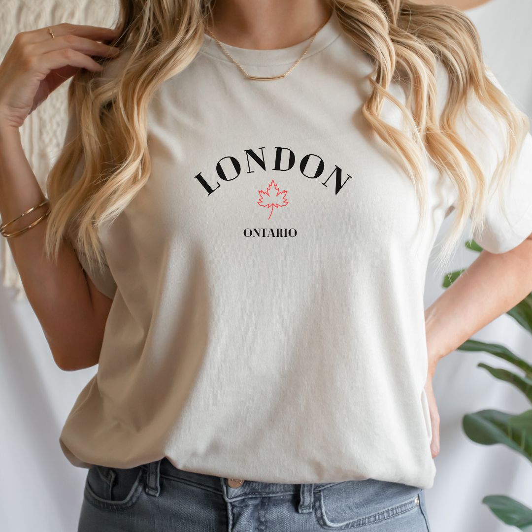 "London Ontario graphic design centered on natural t-shirt."