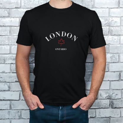 "London Ontario graphic design centered on black t-shirt."
