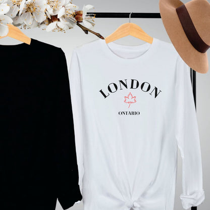 "London Ontario graphic design centered on white long sleeve shirt."