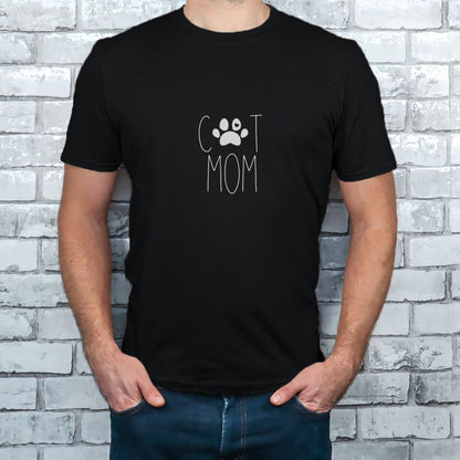 "Cat mom text design centered on black t-shirt."