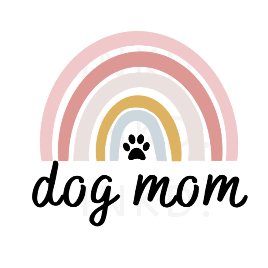 "Dog mom rainbow text and graphic design close-up."