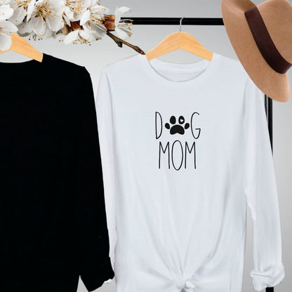 "Dog mom text design centered on white long sleeve shirt."