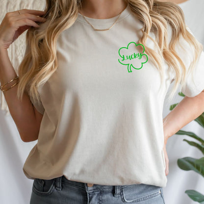 "Lucky Clover graphic design centered on natural t-shirt"