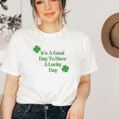 "Lucky Day text design centered on white t-shirt."