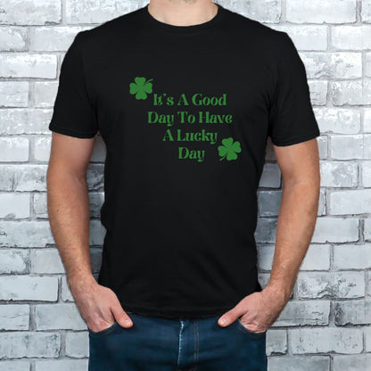"Lucky Day text design centered on black t-shirt."
